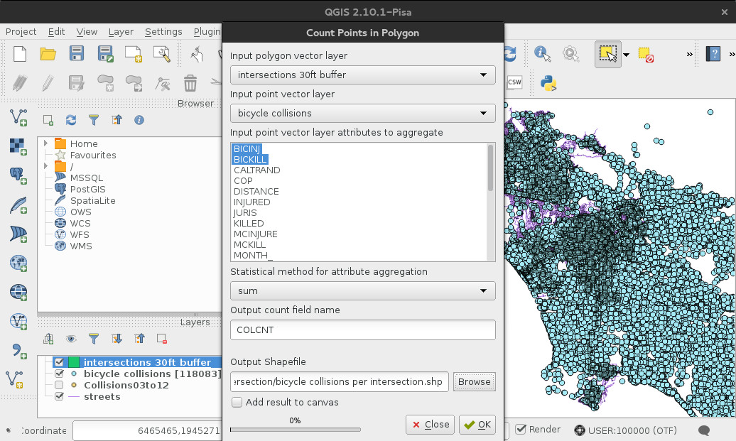 Screenshot of QGIS Count Points in Polygon dialog